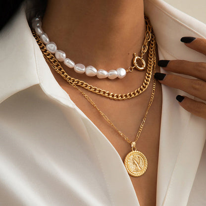 Goth Baroque Pearl Coin Portrait Pendant Necklace for Women Vintage Aesthetic Jewelry